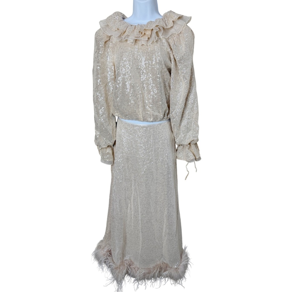 Antonio Melani Nicola Bathie Sequin Feather Trim Maxi Skirt Set Champagne Size S